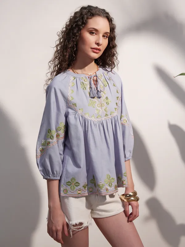 Vara By Vishudh Women Blue Embroidered Top