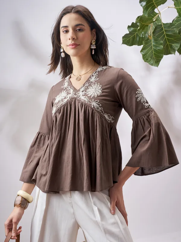 Vara By Vishudh Women Tan Embroidered Top