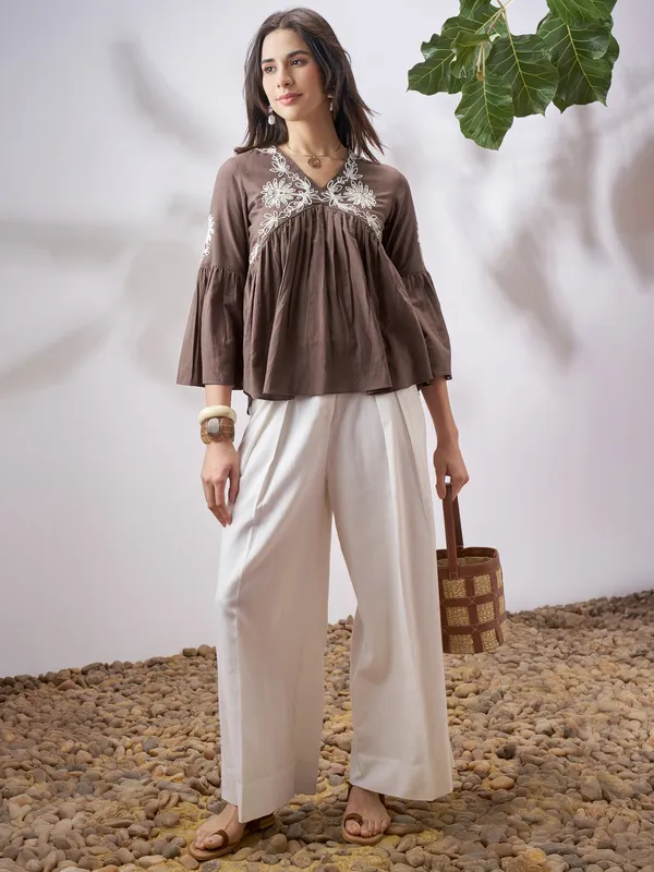 Vara By Vishudh Women Tan Embroidered Top