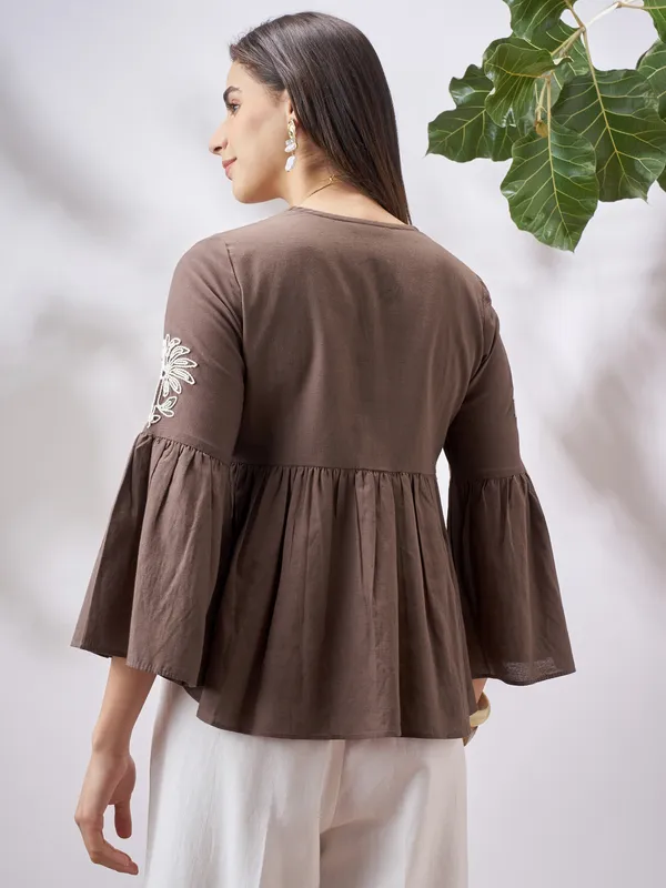 Vara By Vishudh Women Tan Embroidered Top