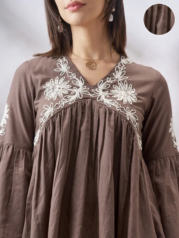 Vara By Vishudh Women Tan Embroidered Top