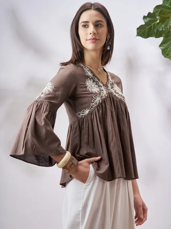 Vara By Vishudh Women Tan Embroidered Top