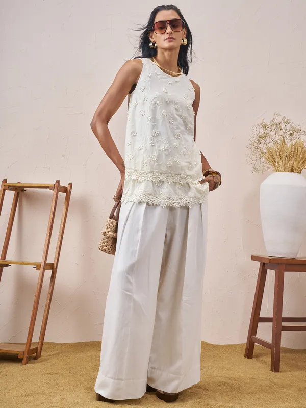 Vara By Vishudh Women White Embroidered Top