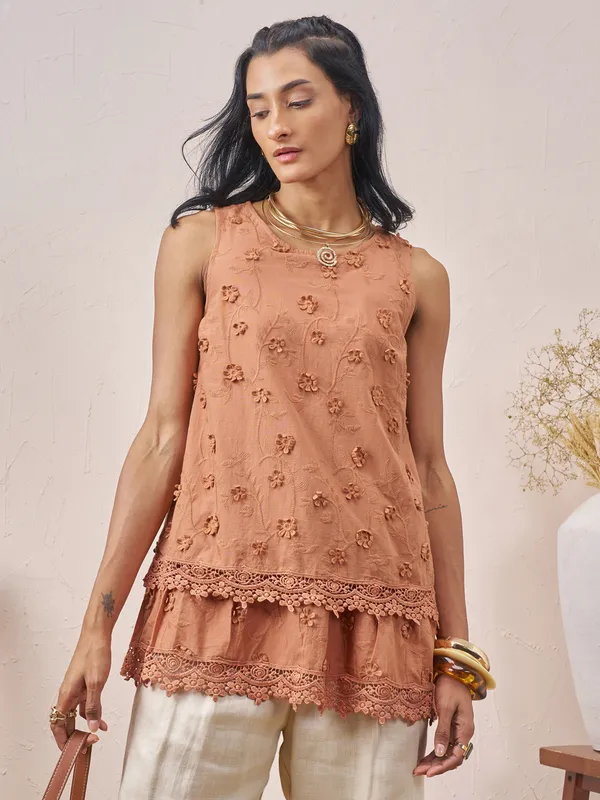 Vara By Vishudh Women Brown Embroidered Top