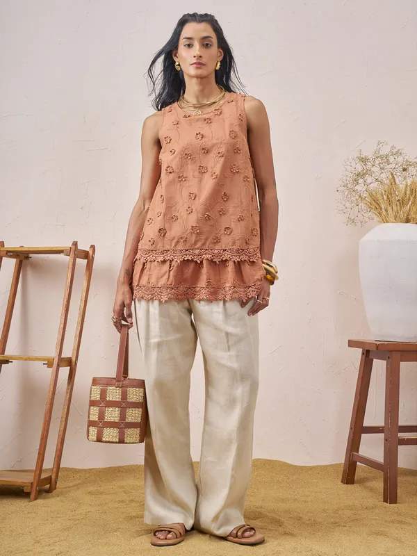 Vara By Vishudh Women Brown Embroidered Top