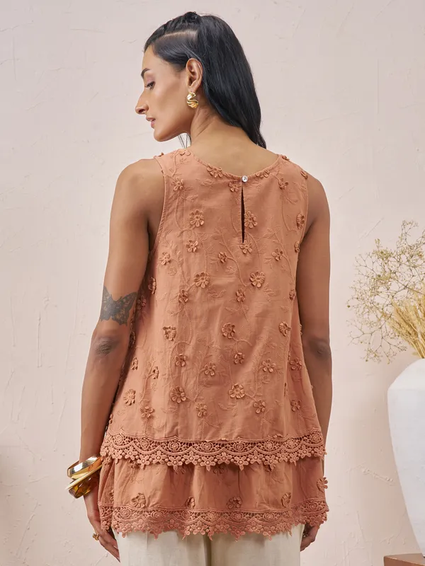 Vara By Vishudh Women Brown Embroidered Top