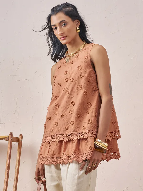 Vara By Vishudh Women Brown Embroidered Top