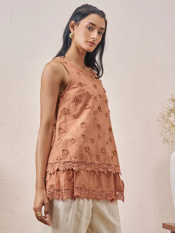 Vara By Vishudh Women Brown Embroidered Top