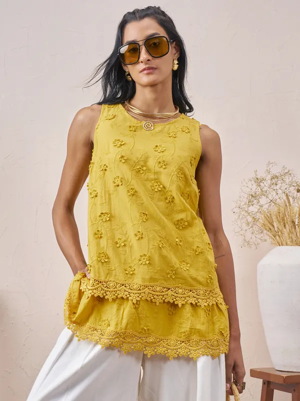 Vara By Vishudh Women Mustard Embroidered Top