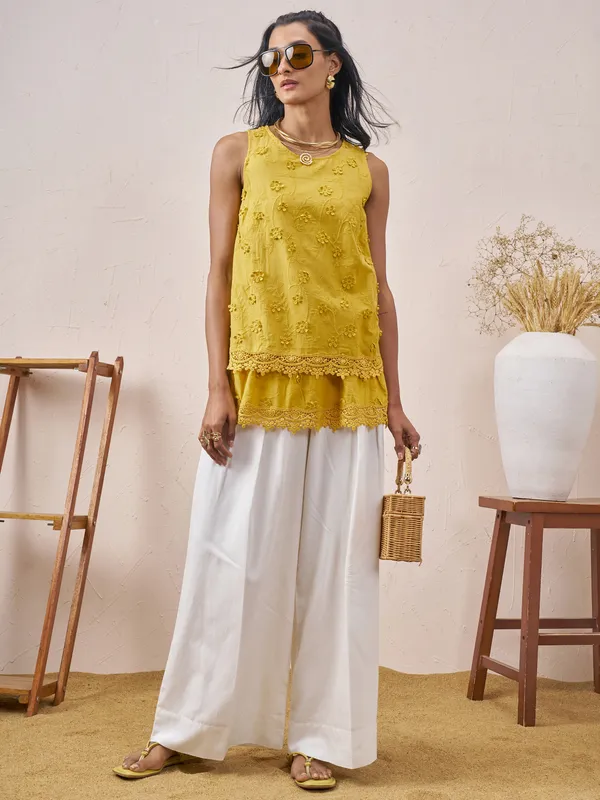 Vara By Vishudh Women Mustard Embroidered Top