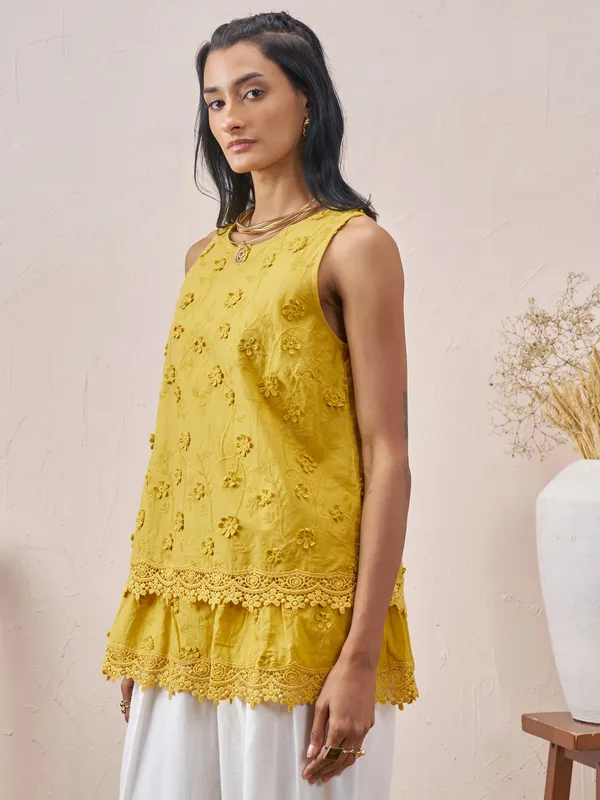 Vara By Vishudh Women Mustard Embroidered Top