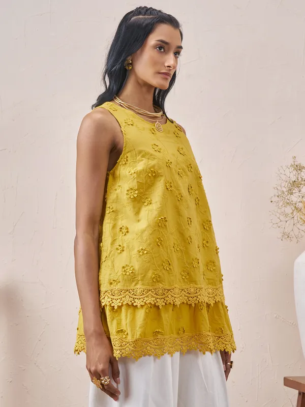 Vara By Vishudh Women Mustard Embroidered Top