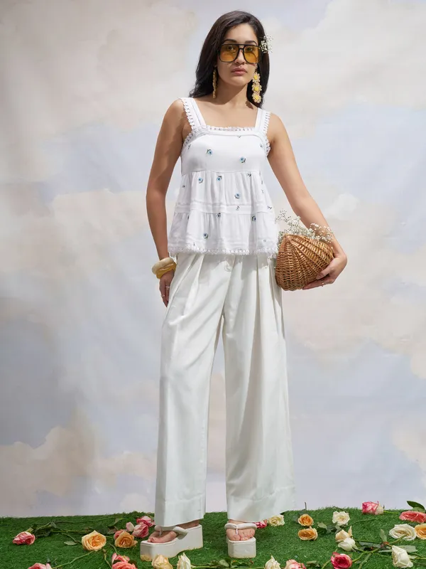 Vara By Vishudh Women White Embroidered Top