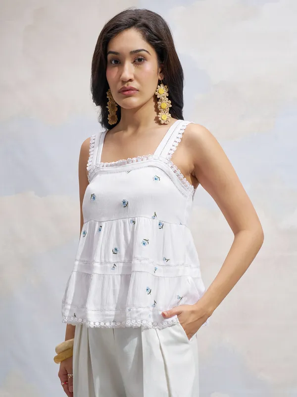Vara By Vishudh Women White Embroidered Top