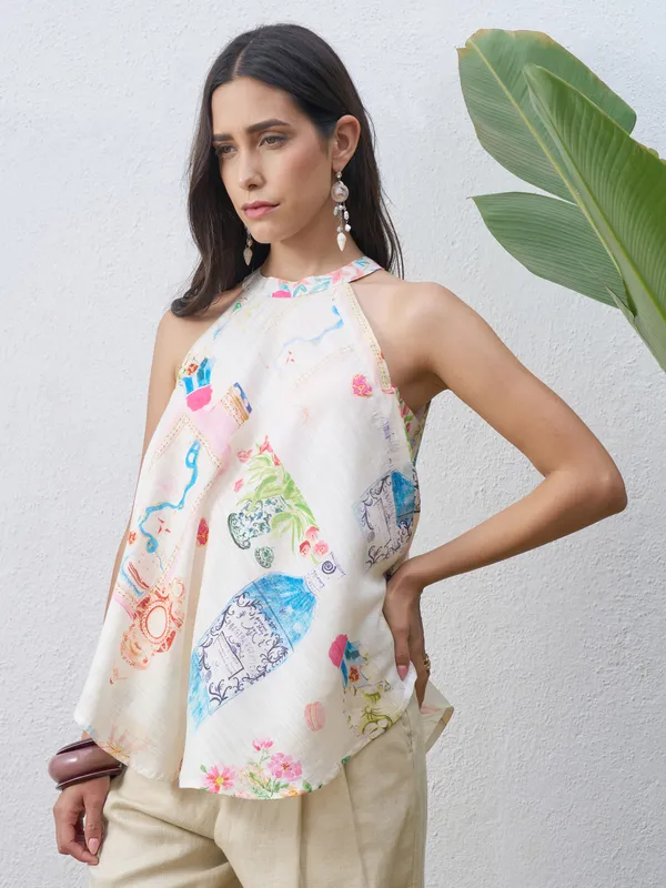 Vara By Vishudh Women Off White Printed Top