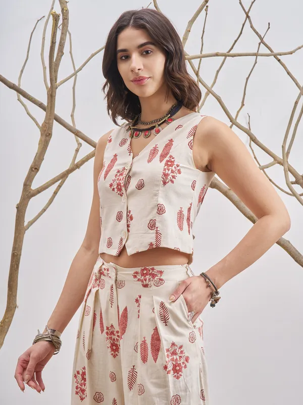 Vara By Vishudh Women Off White Hip Length OverTops