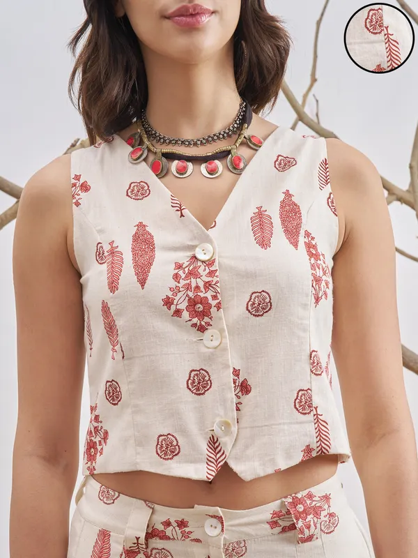 Vara By Vishudh Women Off White Hip Length OverTops