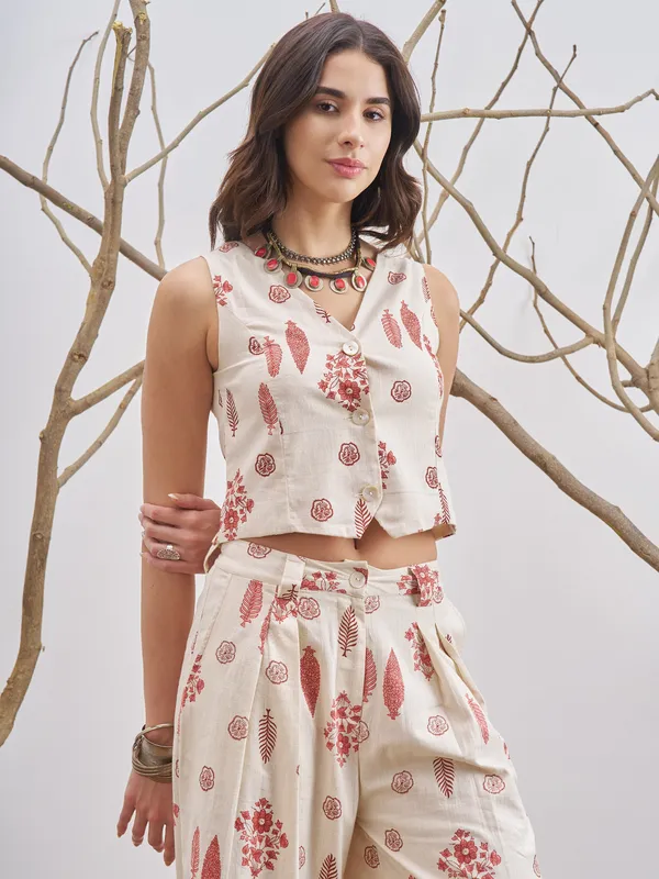 Vara By Vishudh Women Off White Hip Length OverTops