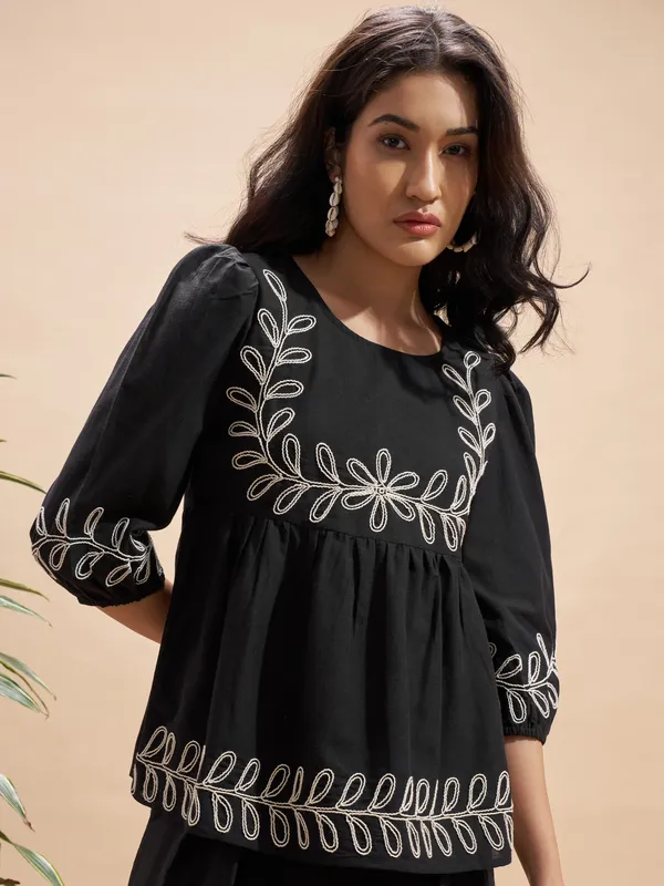 Vara By Vishudh Women Black Embroidered Top