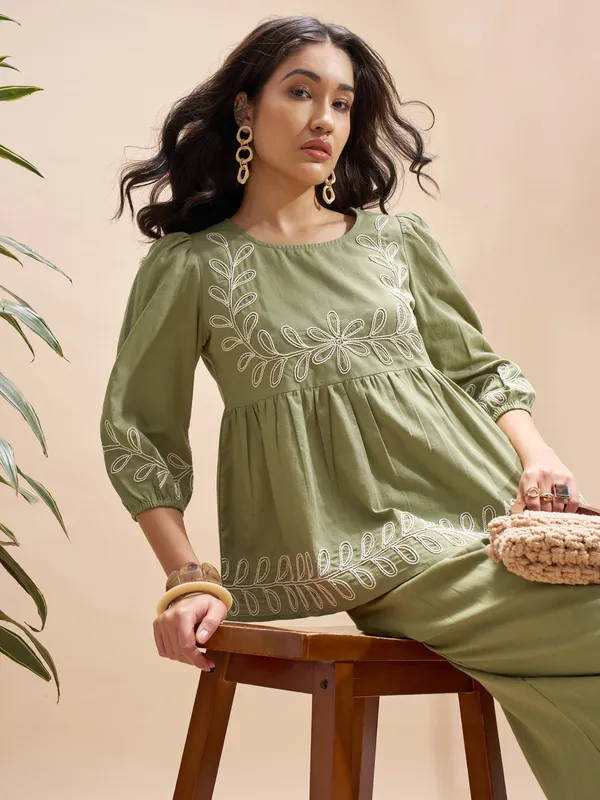 Vara By Vishudh Women Olive Embroidered Top