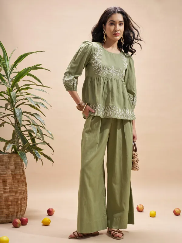Vara By Vishudh Women Olive Embroidered Top