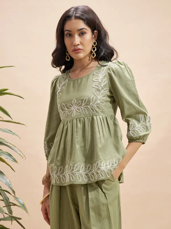 Vara By Vishudh Women Olive Embroidered Top