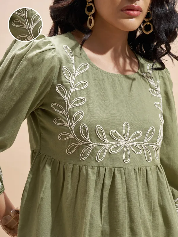 Vara By Vishudh Women Olive Embroidered Top