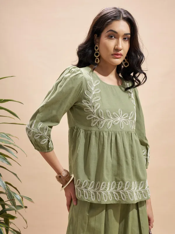 Vara By Vishudh Women Olive Embroidered Top