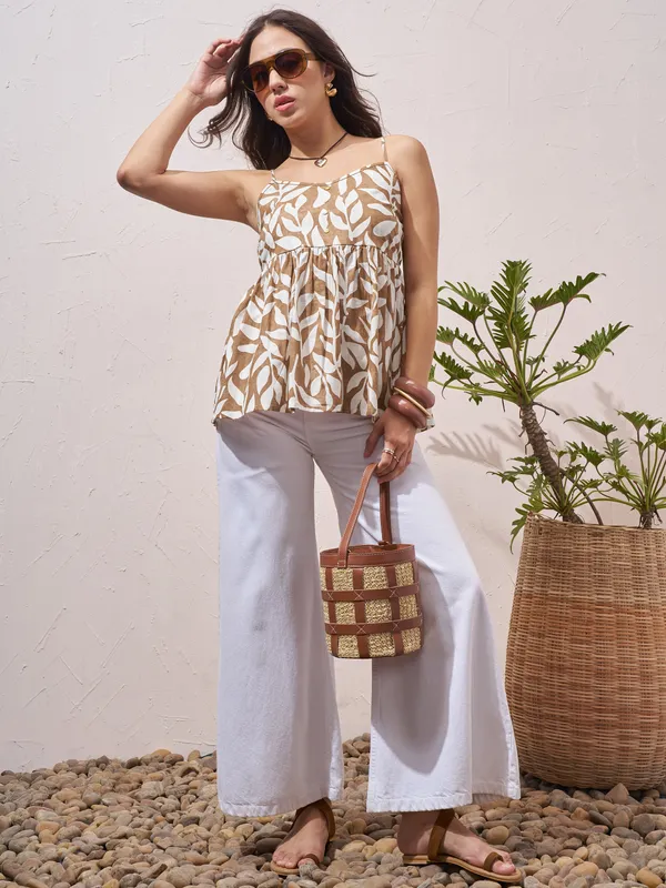 Vara By Vishudh Womens Brown Printed Regular Top