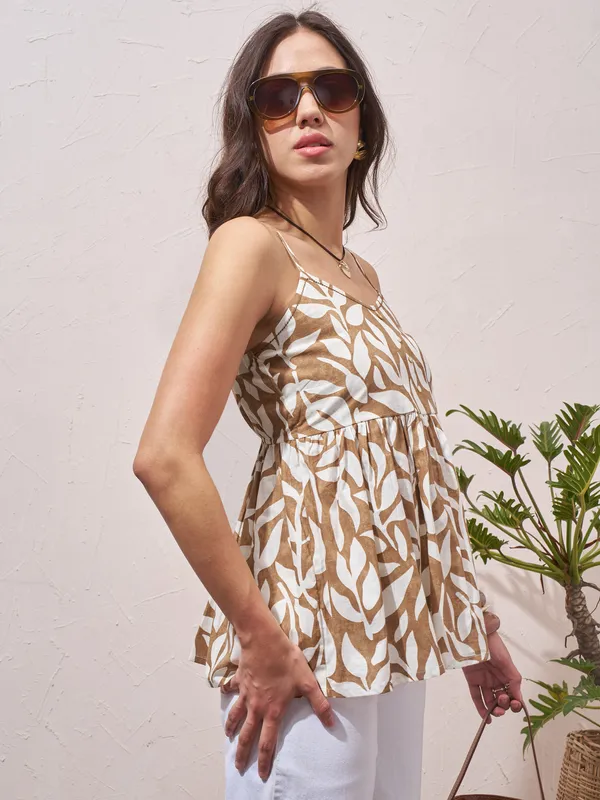 Vara By Vishudh Womens Brown Printed Regular Top