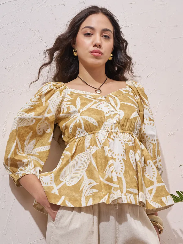 Vara By Vishudh Womens Mustard Printed Regular Top