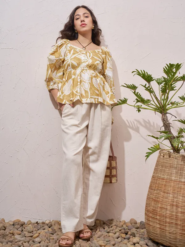 Vara By Vishudh Womens Mustard Printed Regular Top