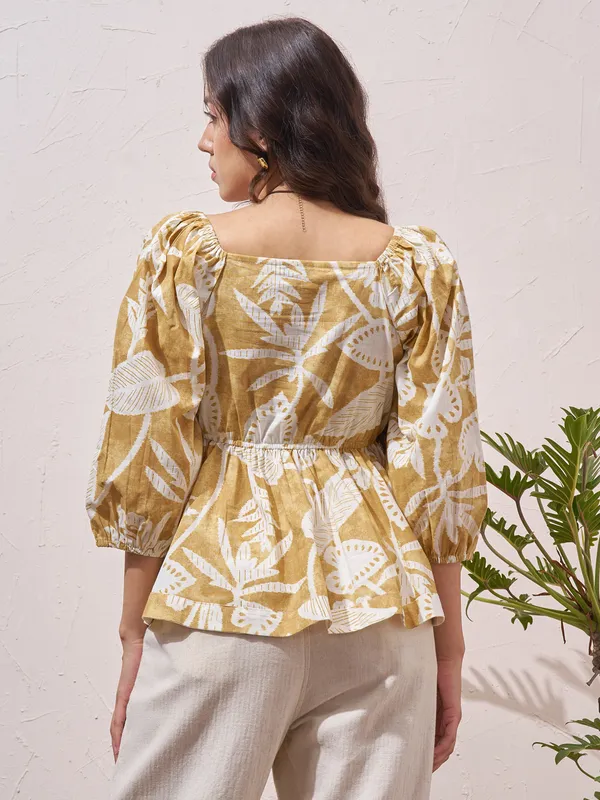 Vara By Vishudh Womens Mustard Printed Regular Top