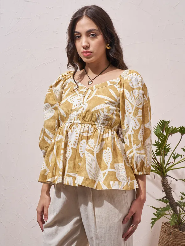 Vara By Vishudh Womens Mustard Printed Regular Top