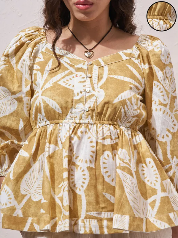 Vara By Vishudh Womens Mustard Printed Regular Top