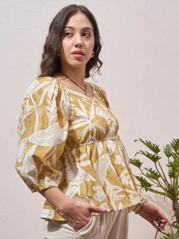 Vara By Vishudh Womens Mustard Printed Regular Top
