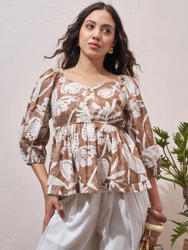 Vara By Vishudh Womens Brown Printed Regular Top