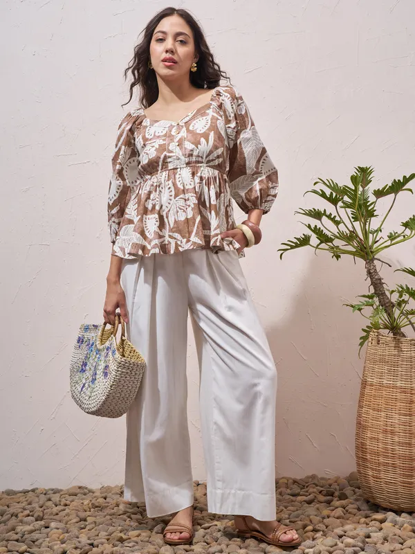 Vara By Vishudh Womens Brown Printed Regular Top