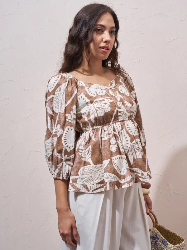 Vara By Vishudh Womens Brown Printed Regular Top