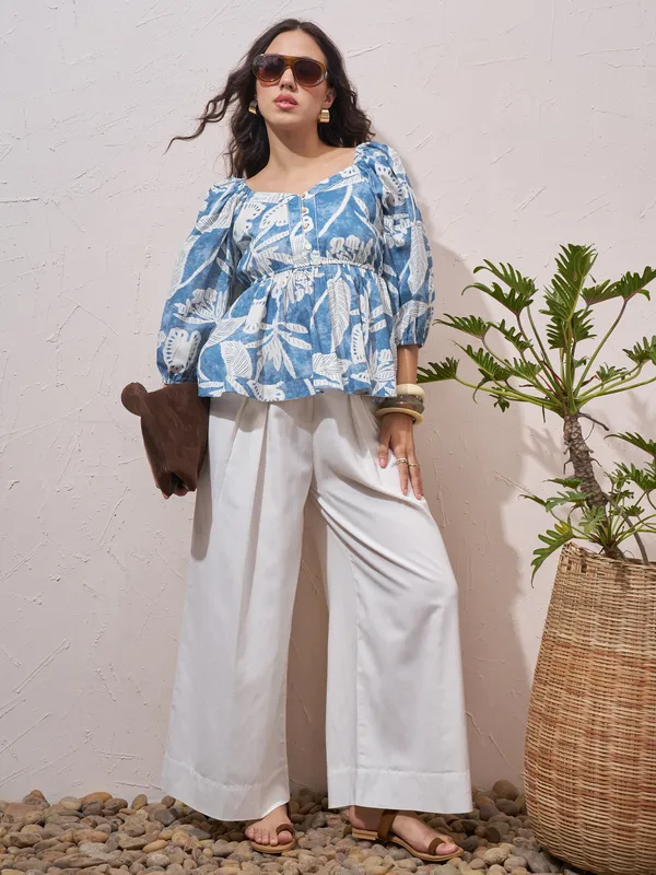 Vara By Vishudh Womens Blue Printed Regular Top