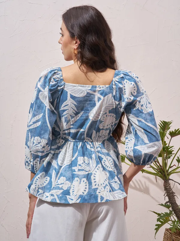 Vara By Vishudh Womens Blue Printed Regular Top