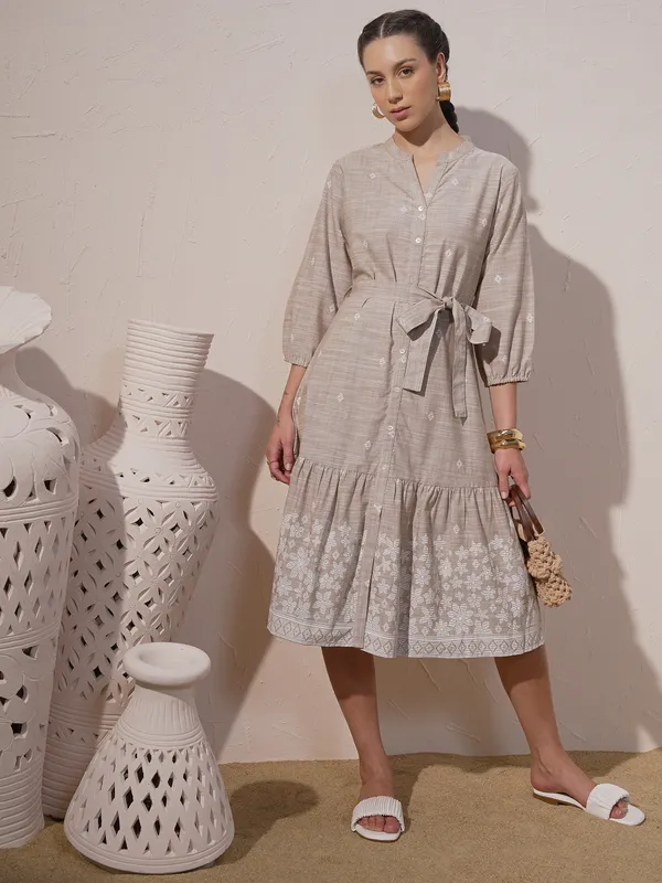 Vara By Vishudh Women Beige Printed Fit And Flare Dress