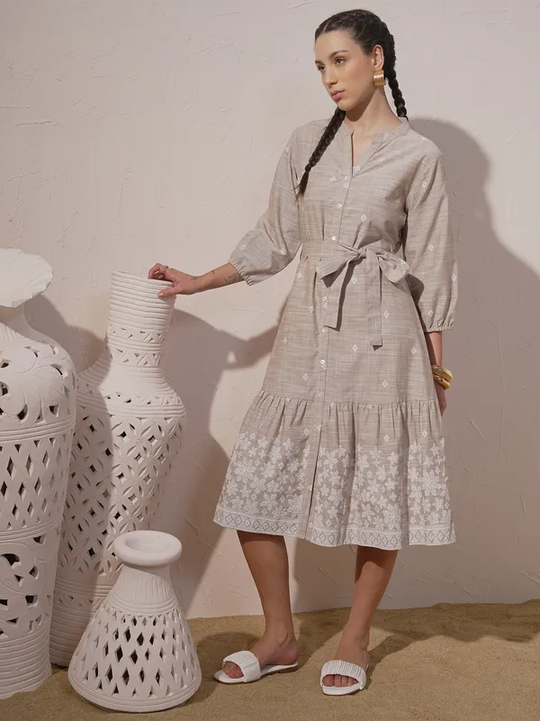 Vara By Vishudh Women Beige Printed Fit And Flare Dress