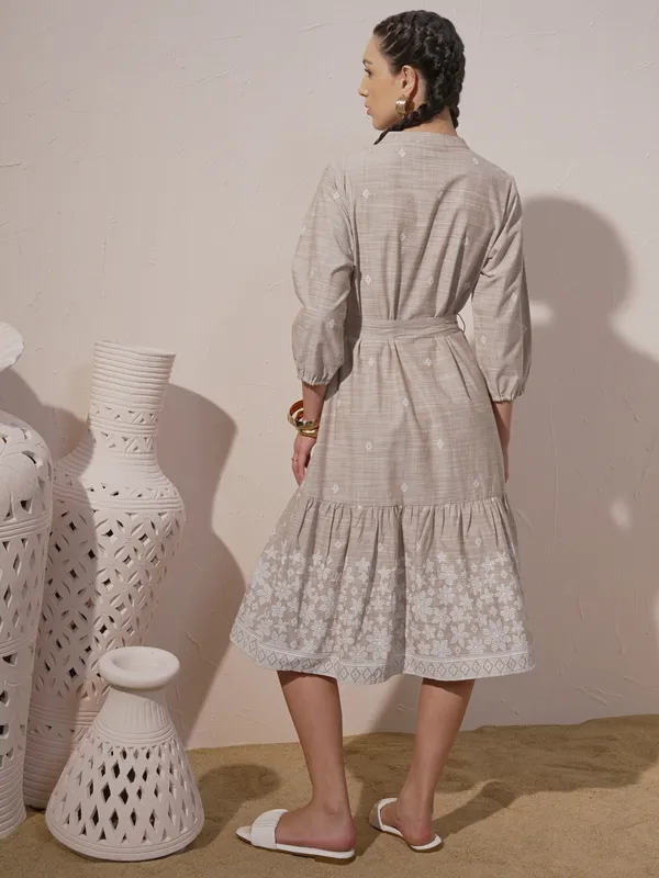 Vara By Vishudh Women Beige Printed Fit And Flare Dress