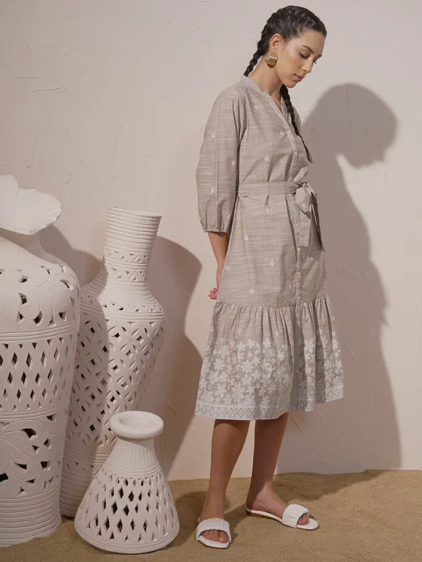 Vara By Vishudh Women Beige Printed Fit And Flare Dress