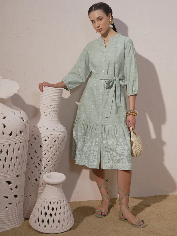 Vara By Vishudh Women Green Printed Fit And Flare Dress