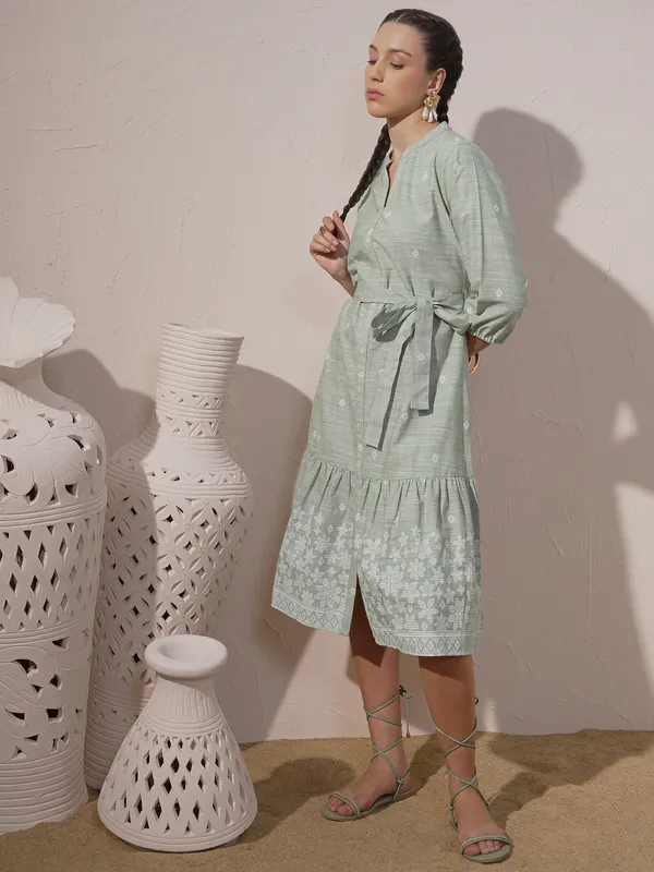 Vara By Vishudh Women Green Printed Fit And Flare Dress