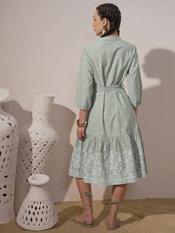 Vara By Vishudh Women Green Printed Fit And Flare Dress