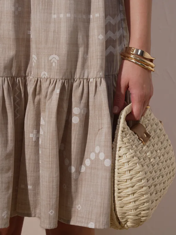 Vara By Vishudh Women Beige Printed Drop-Waist Dress