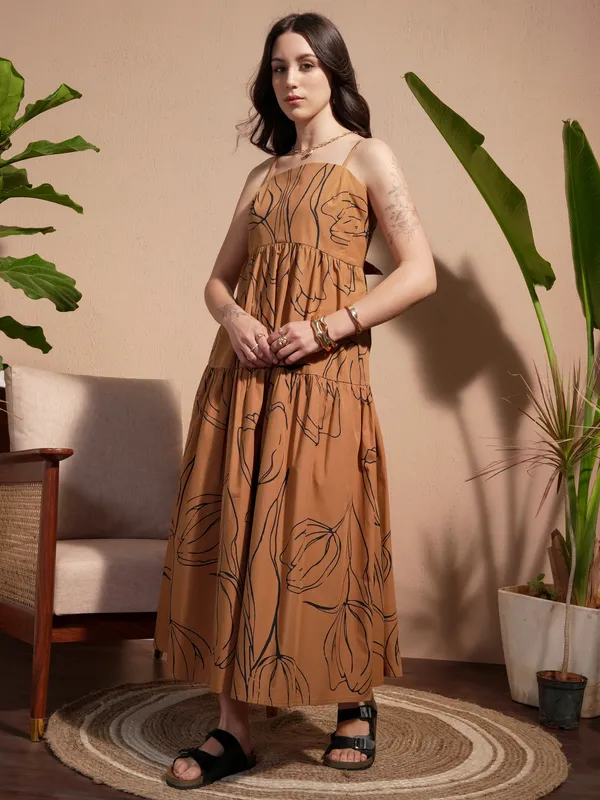 Vara By Vishudh Women Brown Printed A-Line Dress